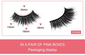 Macro detail of D1616 dense false eyelashes with 34mm length in a pink gift box