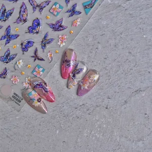 Thin flexible purple butterfly and peach blossom nail art stickers with 3D crystal accents