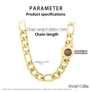 Detailed specs of men's gold stainless steel NK chain necklace with red crystal