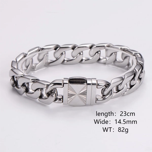 Detailed view of silver stainless steel Cuban chain bracelet with 14.5mm width and square clasp