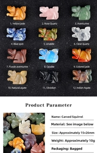 Macro view of hand-carved squirrel crystal stone figurines in 12 various natural minerals