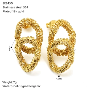 Macro detail of 18k gold plated oval earrings showing textured 304 stainless steel