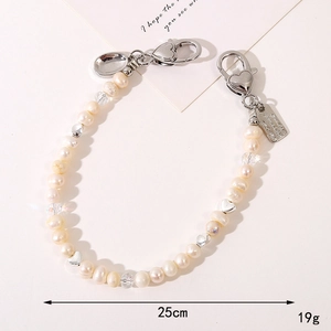 Elegant natural pearl keychain with silver heart charm and crystal beads, 25cm length