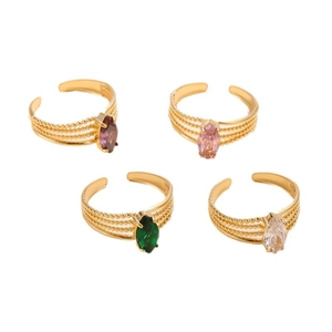 Set of four gold stainless steel open rings with colorful marquise-cut zircon gemstones