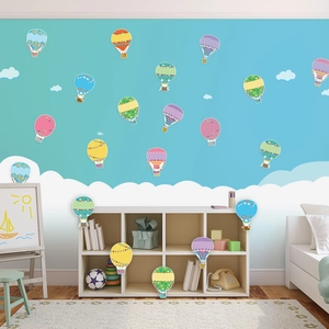 Colorful hot air balloon wall decals with clouds for classroom decoration