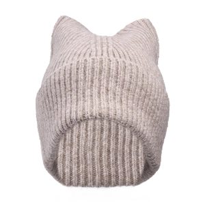 Detail of oatmeal ribbed knit beanie featuring cute cat ears and a soft folded brim