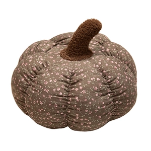 Floral pumpkin plush pillow with brown flower pattern and textured stem on white background