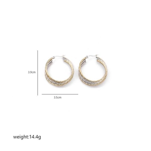 Three-tone twisted hoop earrings size detail: 3.9cm height and 3.5cm width specs
