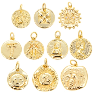 Mini DIY Charms Pendants Gold Plated Alloy Cubic Zirconia Retro Round Relief For Jewelry Making Bee Star Moon Angel Portrait