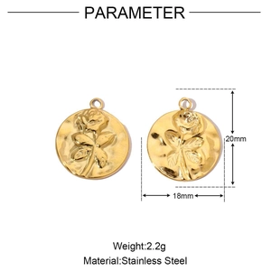 Macro view of rose embossed stainless steel pendant with size and weight measurements