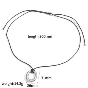Detailed dimension view of retro wax rope long necklace with stainless steel O-ring pendant