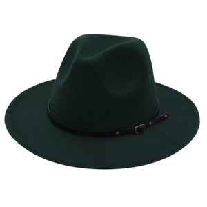 Detail of dark green felt fedora hat featuring a black leather belt with metal buckle