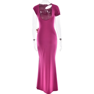 Detail view of backless rose red maxi dress with short sleeves on mannequin