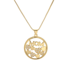 Golden MOM heart pendant necklace with shimmering cubic zirconia stones on thin chain