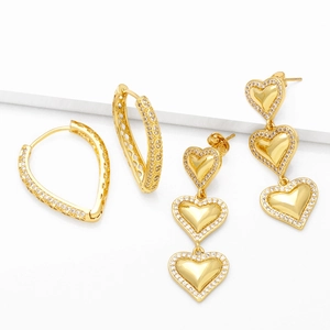 Gold Plated Copper Heart Drop Earrings With Zircon Micro Pave Layered Heart And Geometric Hoop Earrings Women