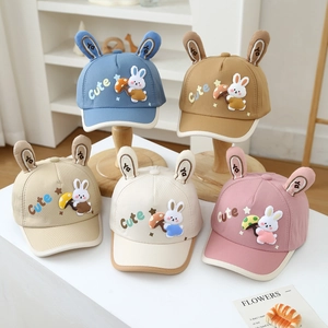 Cute kids baseball cap with bunny ears and mushroom embroidery in five pastel colors