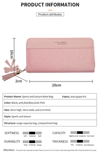 Detailed size chart for pink PU leather long wallet with glitter patchwork and tassel