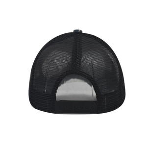 Detail view of the black mesh trucker hat showing the breathable back and snapback closure