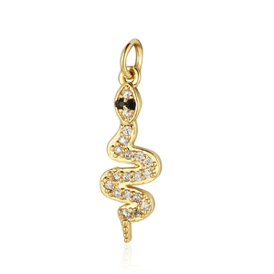Detailed view of a gold-plated snake charm with clear zircons and black gemstone eyes