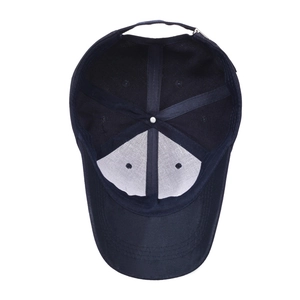 Deep blue six-panel baseball cap interior view with reinforced tape and metal buckle