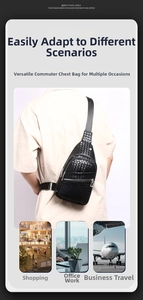 Detail of woven black PU leather texture and durable silver zipper on men's crossbody bag