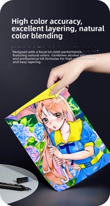 Detail of blue alcohol marker tip with vibrant anime illustration showing smooth blending
