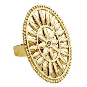 Elegant gold-plated hollow sunflower ring with central zircon and beaded edges
