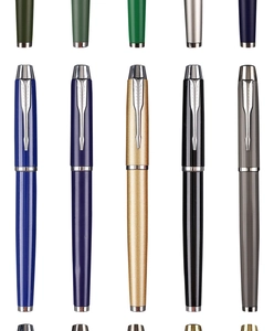 Vertical array of luxury metal rollerball pens in blue, gold, and black finishes