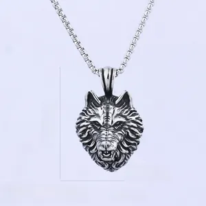 Macro shot of punk style stainless steel wolf head pendant with 41mm height measurement