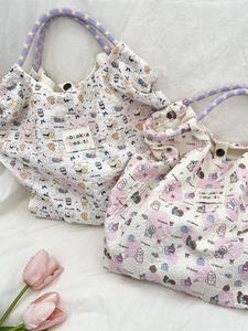 Cartoon puppy seersucker tote bag with woven handles and snap closure for women