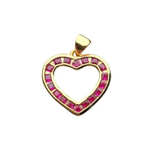 Gold heart pendant with pink rectangular crystals and hollow design on white background