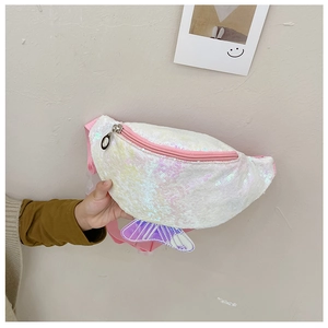 Detail of white sequin mermaid tail fanny pack for kids with pink zipper and strap