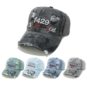 Distressed Washed Cotton Denim Baseball Cap Vintage American Hip Hop Streetwear Ripped 3D Letter Embroidery Hat