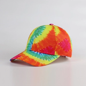 Side view of vibrant rainbow tie-dye baseball cap with colorful graffiti print design