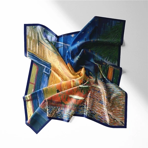 Detail of Van Gogh Cafe Terrace oil painting art print on silk scarf with navy blue edges
