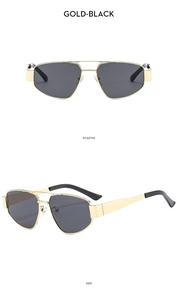 Detailed front and side views of gold double-bridge geometric sunglasses with dark grey lenses