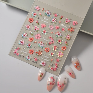 Autocollants ongles fleurs d'hibiscus 3D avec détails pailletés et effets de relief