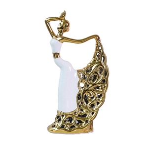 Elegant white and gold ceramic ballerina statue with hollow lace dress for home decor