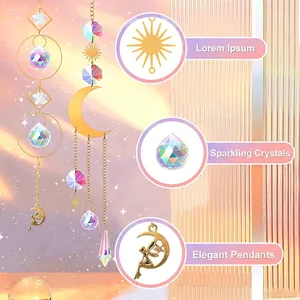 Golden suncatcher with K9 crystal prism ball and fairy moon pendant hanging decor