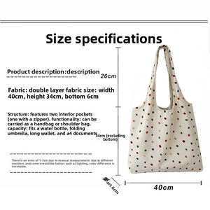 Detailed size chart of floral canvas tote bag with 40x34cm dimensions and double pockets