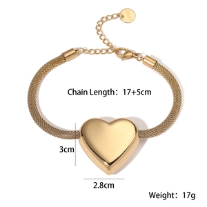 Detailed view of 18K gold plated heart pendant necklace with mesh chain and dimensions