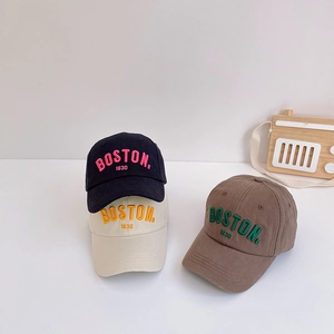 Three kids' cotton baseball caps in black, beige, and brown with Boston 1630 embroidery