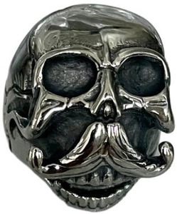 Detailed view of a vintage punk skull ring with beard design in antique silver finish