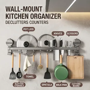 Wall-mounted suction cup kitchen storage rack with hooks, knife holder, and pot lid organizer
