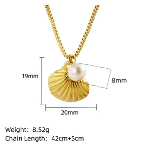 Detail showing shell pendant dimensions 19x20mm and 8mm pearl on gold chain