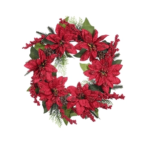 Christmas wreath with red poinsettia, berries and pine cones on white background