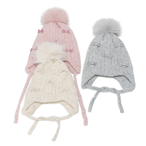 Winter knitted earflap hat for girls with cute bows and faux fur pom-poms in three colors