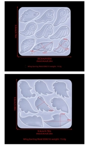 Detailed size specifications for angel wing silicone earring molds ED215 and ED216