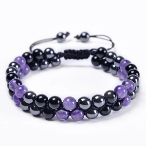 Detail of 8mm amethyst and magnetic hematite double-layer adjustable beaded bracelet