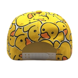 Detail of snapback closure on a yellow baseball cap with cartoon duck print